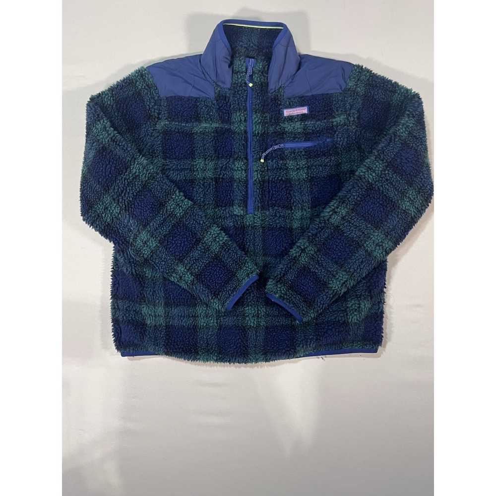 Womens Blue Green Plaid Sherpa Fleece Quarter Zip Pullover M Outdoors Cozy